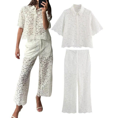 New Lace Hollow Sexy Short Top and Naked Straight Leg Wide Leg Pant CODE: KAR3121