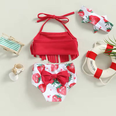Summer Halter Bikini Set Strawberry Print Tassel 3 Piece Bathing Suits CODE: RSH001