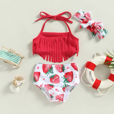 Summer Halter Bikini Set Strawberry Print Tassel 3 Piece Bathing Suits CODE: RSH001