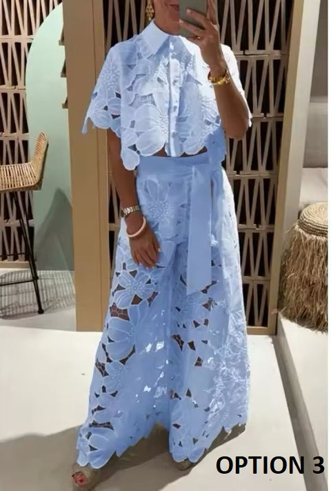 New Style Sexy Hollow Cardigan Top Bell Bottoms 2-Piece Set CODE: KAR3709