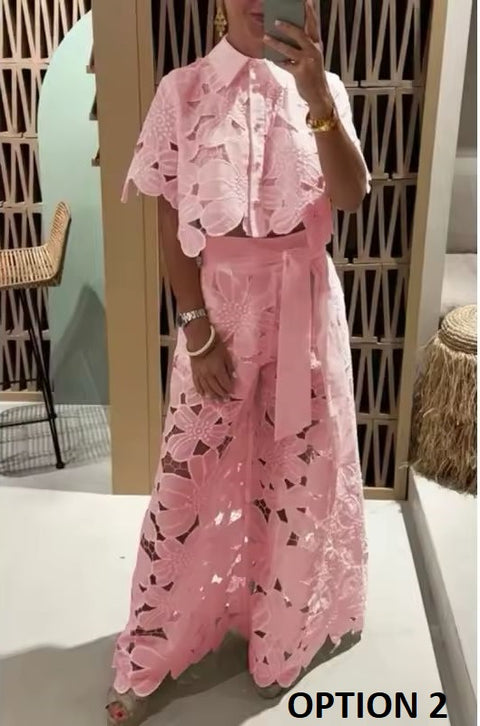 New Style Sexy Hollow Cardigan Top Bell Bottoms 2-Piece Set CODE: KAR3709