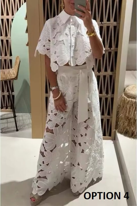 New Style Sexy Hollow Cardigan Top Bell Bottoms 2-Piece Set CODE: KAR3709