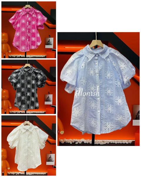 New Fashion Turm-down Collar Puff Sleeves Hollo-out Sweet Top CODE: KAR3174