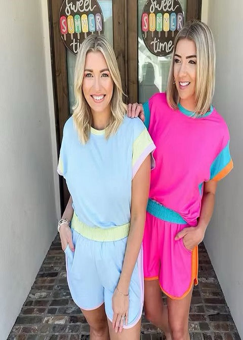 New Summer Patchwork Versatile Loose Casual Elastic Wasit T-shirt And Shorts Set CODE: KAR3449