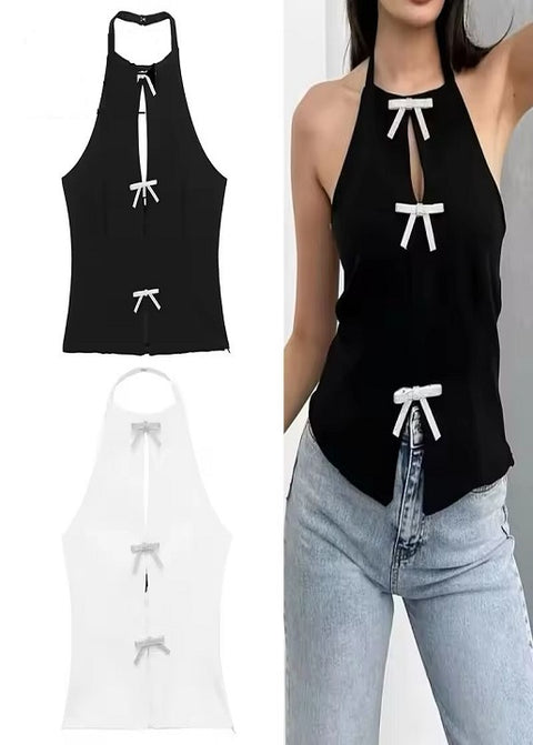 New Bow Rhinestone Crop Cut Out Sleeveless Off Shoulder Backless Sexy Top CODE: KAR3561