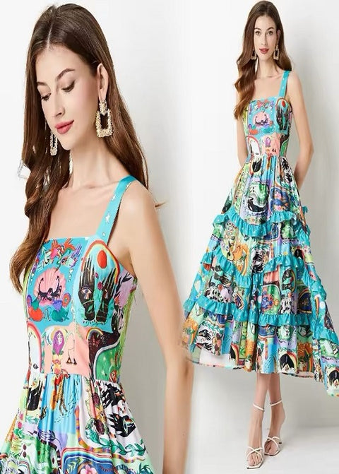 New Fashion Cascading Ruffles Spaghetti Strap Floral Cartoon Print Cake Dress CODE: KAR3587