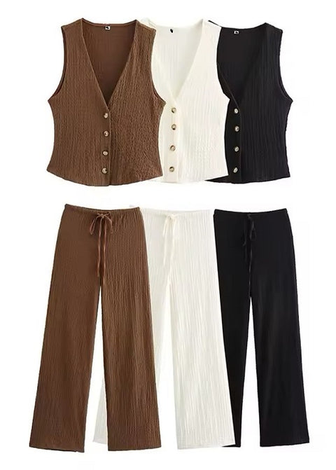 New V-Neck Single Breasted Solid Texture Casual Vest Top + Fashion High-Waisted Wide Leg Pant Set CODE: KAR3626