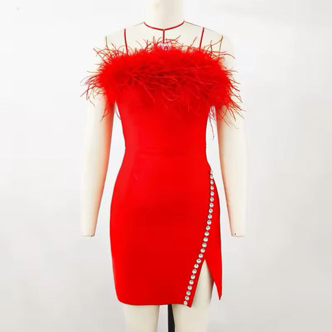 New Fashion Sexy Strapless Feather Crystal Patchwork Sleeveless Bandage Party Club Bodycon Slit Mini Dress CODE: KAR3644