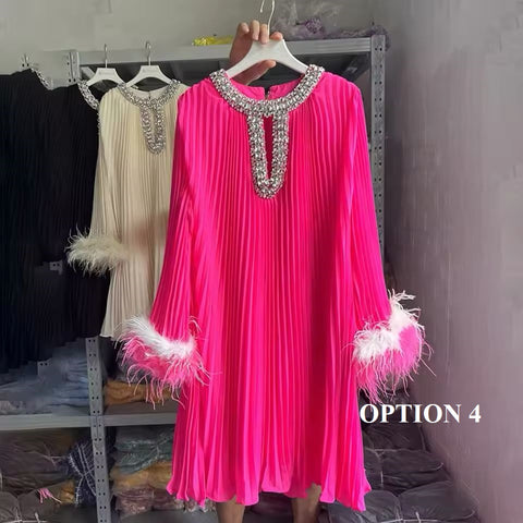 New Solid Spliced Diamonds O Neck Hollow Out Long Sleeve Patchwork Feather Luxury Chic Mini Dress CODE: KAR3685