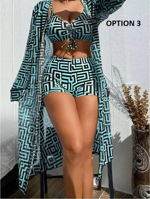 New Geometric Print Drawstring Casual Long Sleeve Open Front Cover Up Three-pieces Set CODE: KAR3726