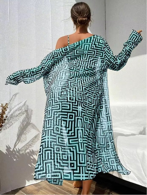 New Geometric Print Drawstring Casual Long Sleeve Open Front Cover Up Three-pieces Set CODE: KAR3726