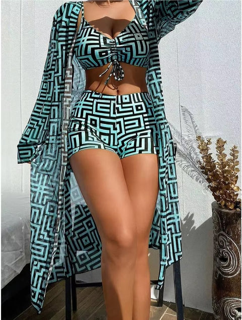 New Geometric Print Drawstring Casual Long Sleeve Open Front Cover Up Three-pieces Set CODE: KAR3726
