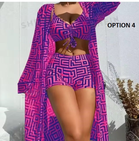 New Geometric Print Drawstring Casual Long Sleeve Open Front Cover Up Three-pieces Set CODE: KAR3726