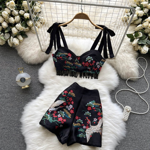 Summer New Printed Lace up Short Tube Top High Waist Short Two-Piece Set CODE: KAR1947