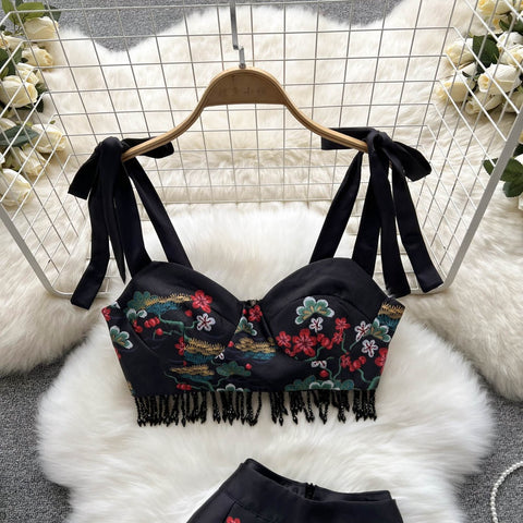 Summer New Printed Lace up Short Tube Top High Waist Short Two-Piece Set CODE: KAR1947