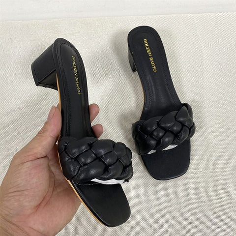 Summer Solid Weave Square Thick High Heel Sandal CODE: KAR1988