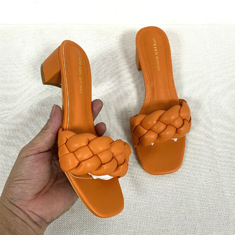 Summer Solid Weave Square Thick High Heel Sandal CODE: KAR1988