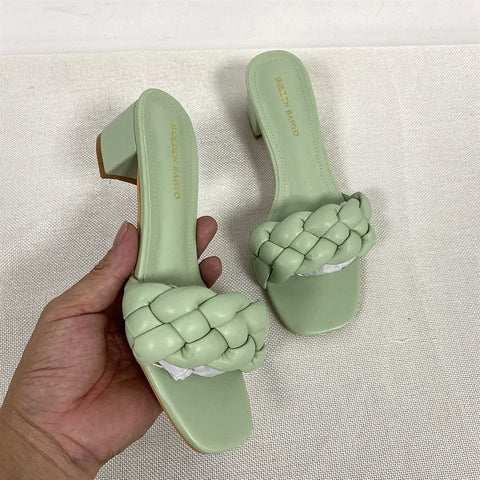 Summer Solid Weave Square Thick High Heel Sandal CODE: KAR1988