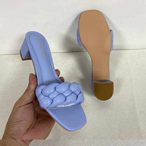 Summer Solid Weave Square Thick High Heel Sandal CODE: KAR1988
