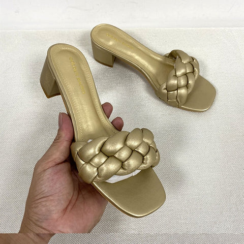 Summer Solid Weave Square Thick High Heel Sandal CODE: KAR1988