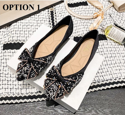 New Elegant Bling Crystal Bow Tie Pointed Toe Flats CODE: KAR2002
