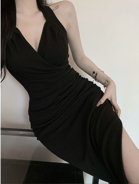 Summer Style Halter Sexy V Neck Slit Slim High Waist Backless Bodycon Dress CODE: KAR2006