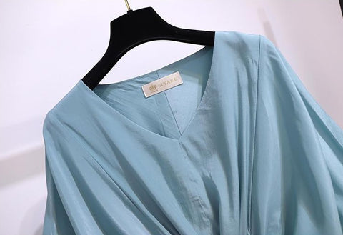 New Fashion V-Neck Summer Short Sleeve Casual Ruffles Spliced Shirring Shirt CODE: KAR2013