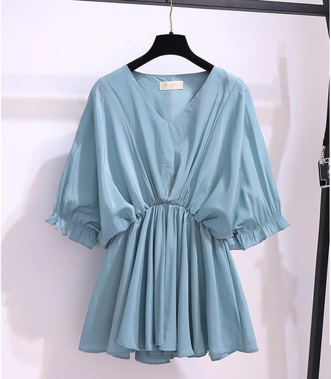 New Fashion V-Neck Summer Short Sleeve Casual Ruffles Spliced Shirring Shirt CODE: KAR2013