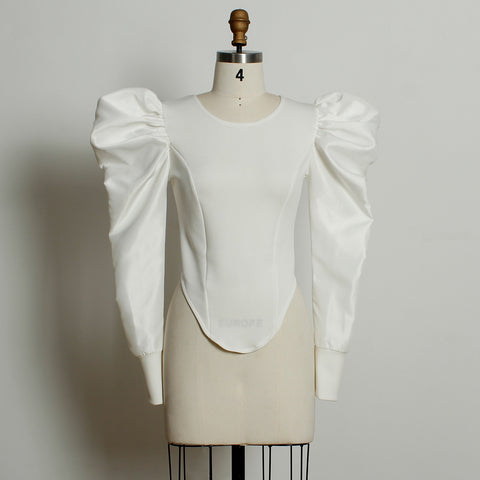 New Lantern Long Sleeve O Neck Irregular Bodycon Shiny Patchwork Shirt CODE: KAR2038