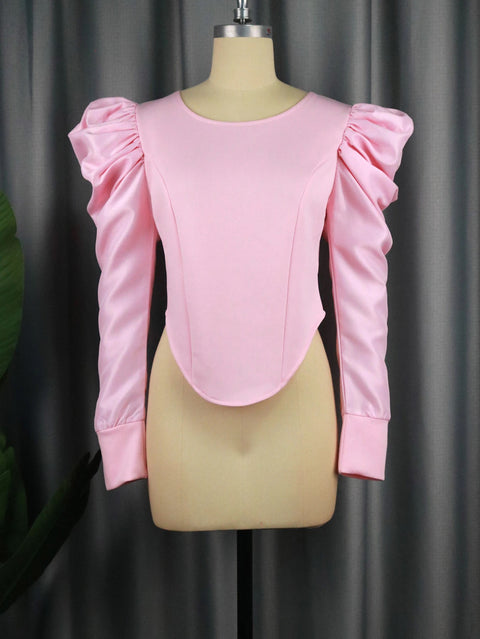 New Lantern Long Sleeve O Neck Irregular Bodycon Shiny Patchwork Shirt CODE: KAR2038