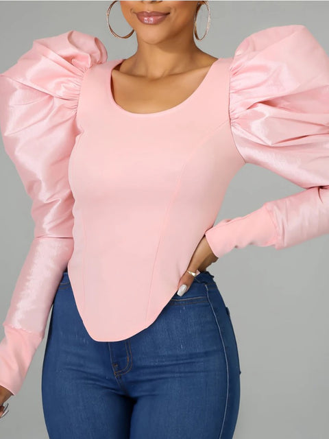 New Lantern Long Sleeve O Neck Irregular Bodycon Shiny Patchwork Shirt CODE: KAR2038