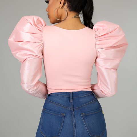 New Lantern Long Sleeve O Neck Irregular Bodycon Shiny Patchwork Shirt CODE: KAR2038