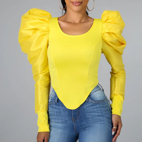 New Lantern Long Sleeve O Neck Irregular Bodycon Shiny Patchwork Shirt CODE: KAR2038