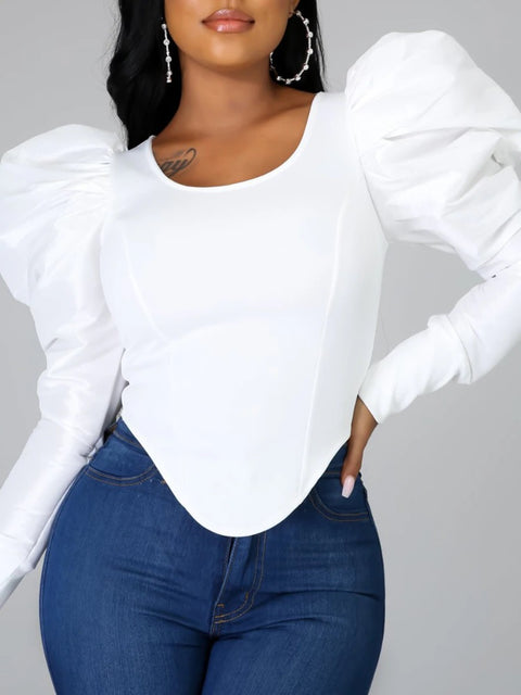 New Lantern Long Sleeve O Neck Irregular Bodycon Shiny Patchwork Shirt CODE: KAR2038