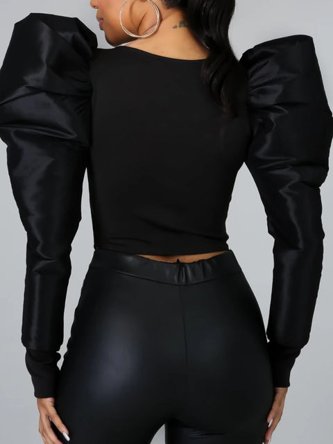 New Lantern Long Sleeve O Neck Irregular Bodycon Shiny Patchwork Shirt CODE: KAR2038