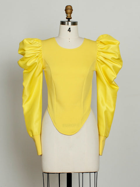 New Lantern Long Sleeve O Neck Irregular Bodycon Shiny Patchwork Shirt CODE: KAR2038