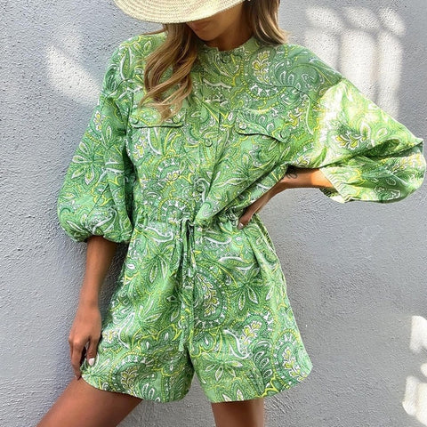 Summer Casual Print Long Sleeve Elegant O-neck Street Loose Short Jumpsuit CODE: KAR2064