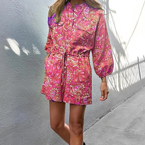 Summer Casual Print Long Sleeve Elegant O-neck Street Loose Short Jumpsuit CODE: KAR2064