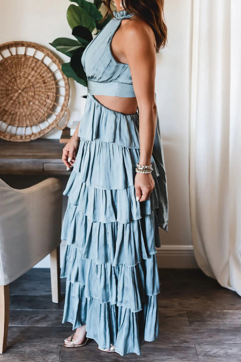 New Summer High Waist Hollow Out Halter Sleeveless A-line Ankle Layer Dress CODE: KAR2105