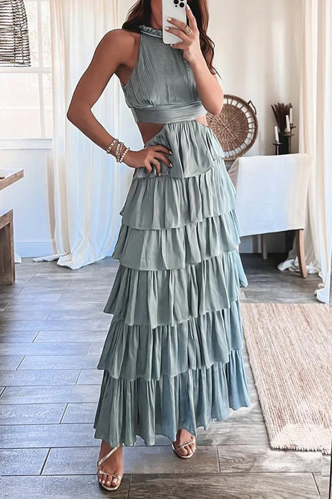 New Summer High Waist Hollow Out Halter Sleeveless A-line Ankle Layer Dress CODE: KAR2105