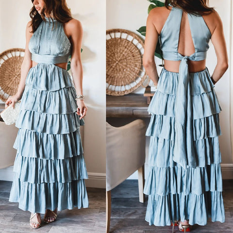 New Summer High Waist Hollow Out Halter Sleeveless A-line Ankle Layer Dress CODE: KAR2105