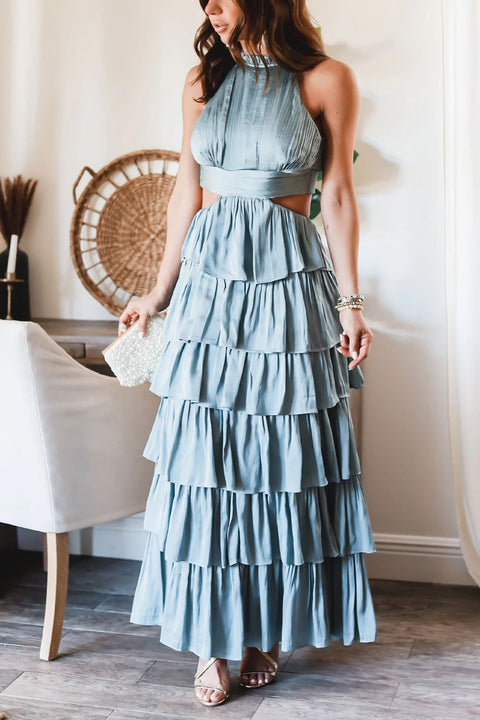 New Summer High Waist Hollow Out Halter Sleeveless A-line Ankle Layer Dress CODE: KAR2105