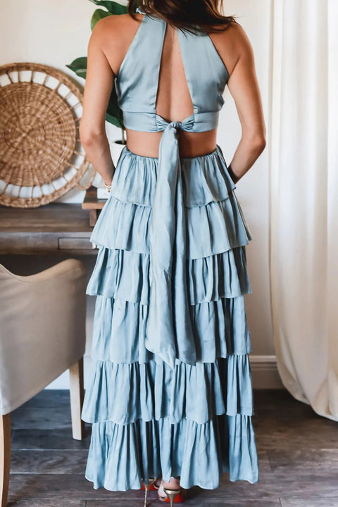 New Summer High Waist Hollow Out Halter Sleeveless A-line Ankle Layer Dress CODE: KAR2105