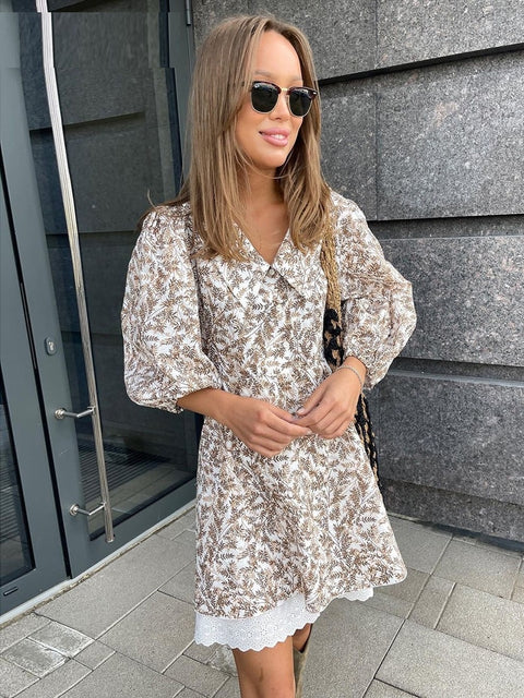 Summer Loose Print Fashion Lapel Short Puff Sleeve Mini Dress CODE: KAR2132