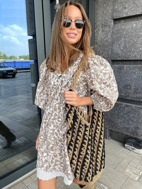 Summer Loose Print Fashion Lapel Short Puff Sleeve Mini Dress CODE: KAR2132