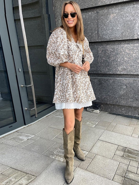 Summer Loose Print Fashion Lapel Short Puff Sleeve Mini Dress CODE: KAR2132
