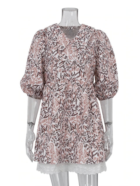 Summer Loose Print Fashion Lapel Short Puff Sleeve Mini Dress CODE: KAR2132