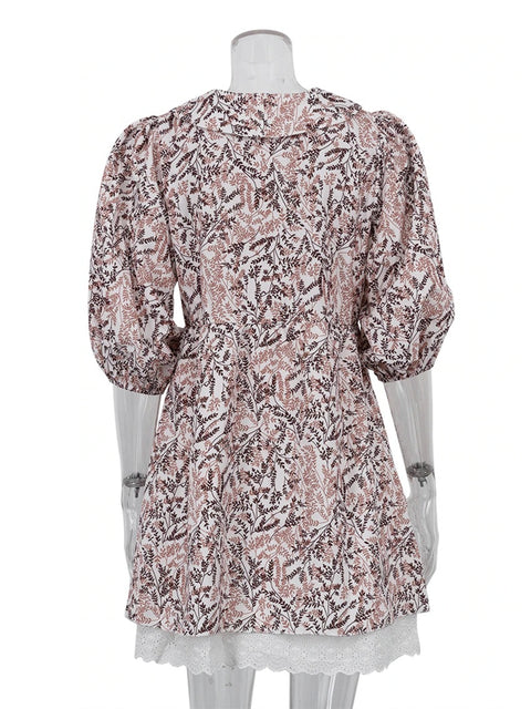 Summer Loose Print Fashion Lapel Short Puff Sleeve Mini Dress CODE: KAR2132