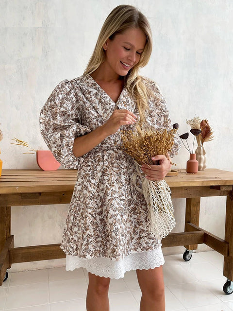 Summer Loose Print Fashion Lapel Short Puff Sleeve Mini Dress CODE: KAR2132