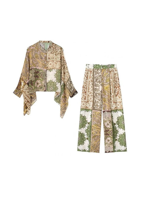 Summer Print Cape Boho Button Up Long Sleeve Patchwork Top + Pant 2 Piece Set CODE: KAR2140